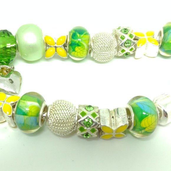 Green, Yellow, Blue  Large Glass Bead Snake Chain Bracelet - Picture 8 of 9